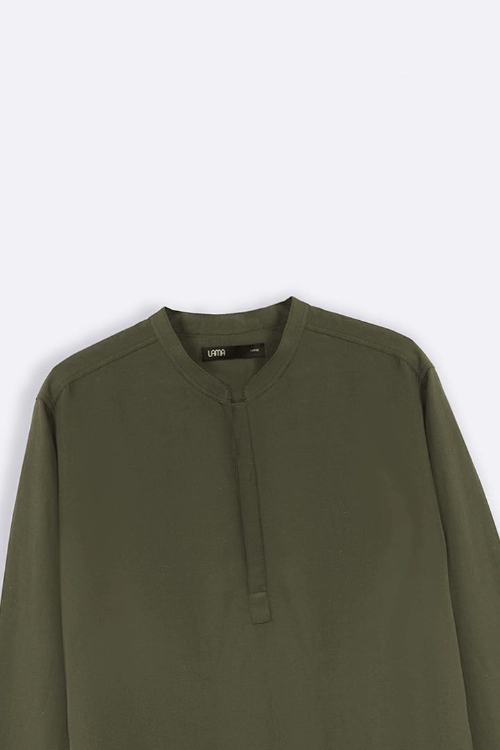 OLIVE LINEN BLEND LONG SHIRT