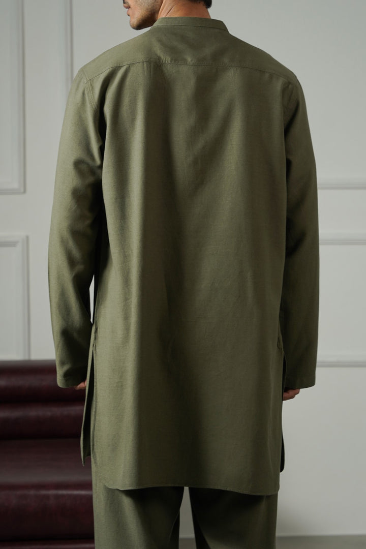 OLIVE LINEN BLEND LONG SHIRT