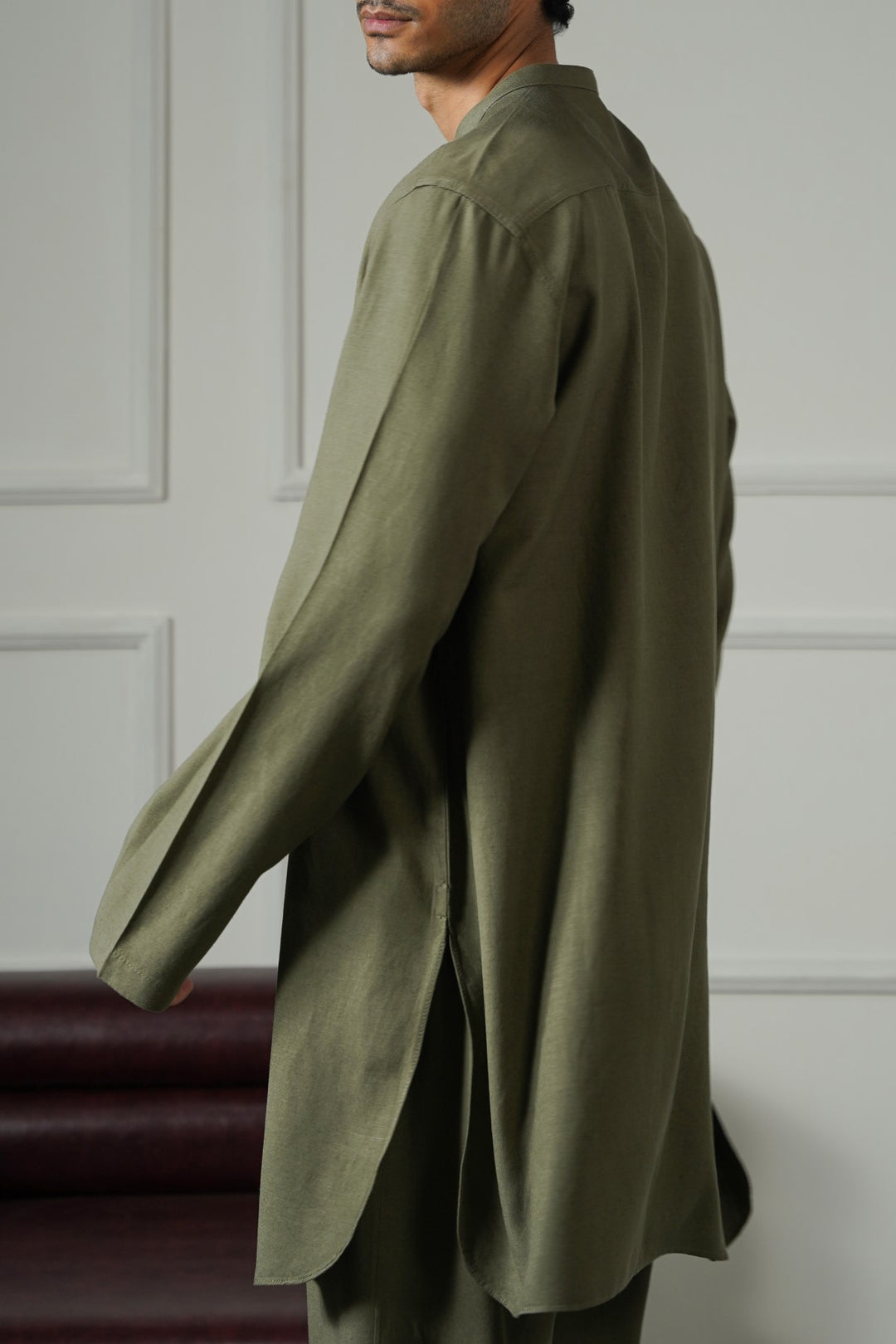 OLIVE LINEN BLEND LONG SHIRT