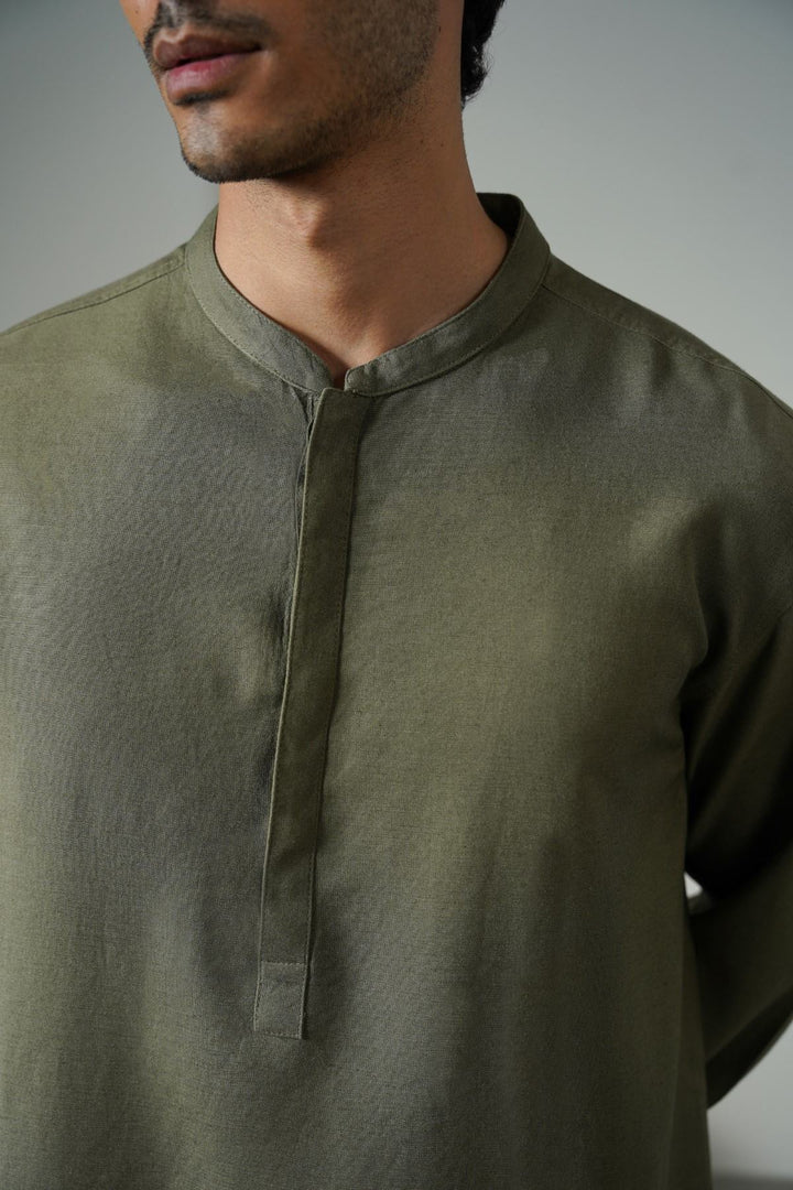 OLIVE LINEN BLEND LONG SHIRT
