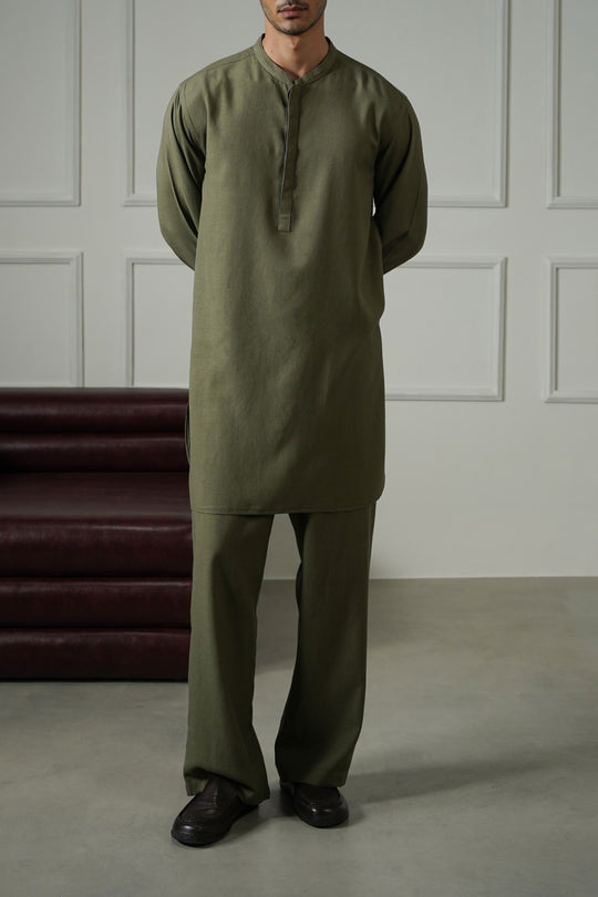 OLIVE LINEN BLEND LONG SHIRT
