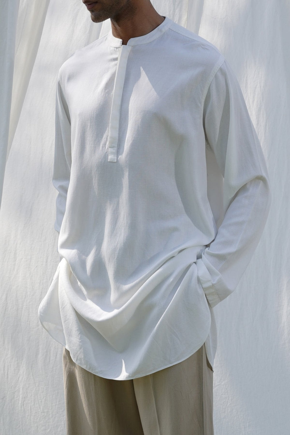 WHITE LINEN BLEND LONG SHIRT