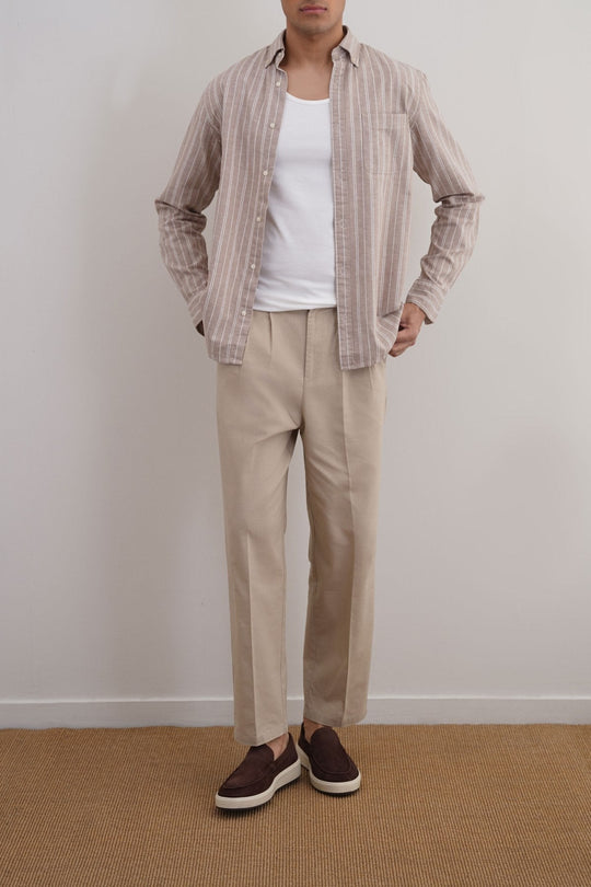 BEIGE LINEN-BLEND STRIPED SHIRT