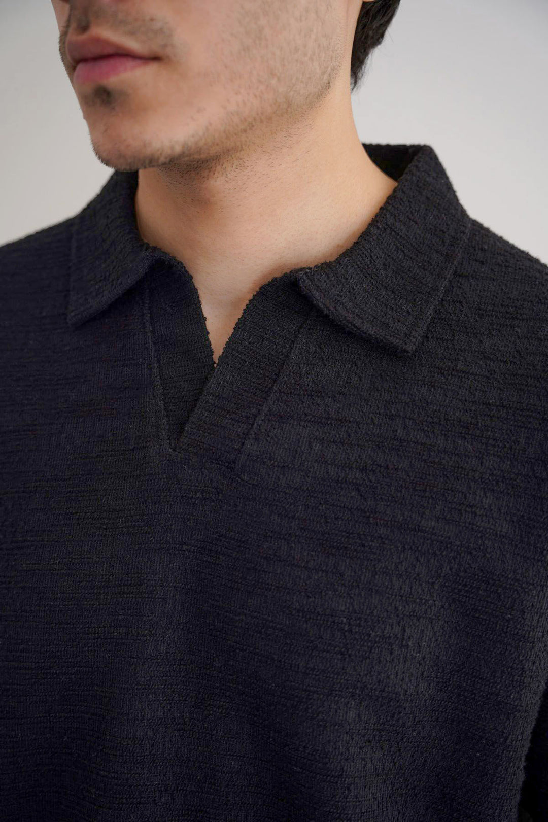 BLACK BOUCLE-KNIT POLO