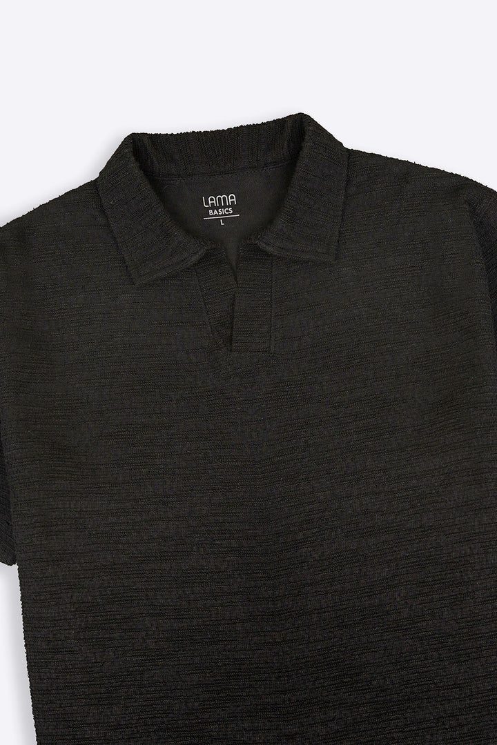 BLACK BOUCLE-KNIT POLO