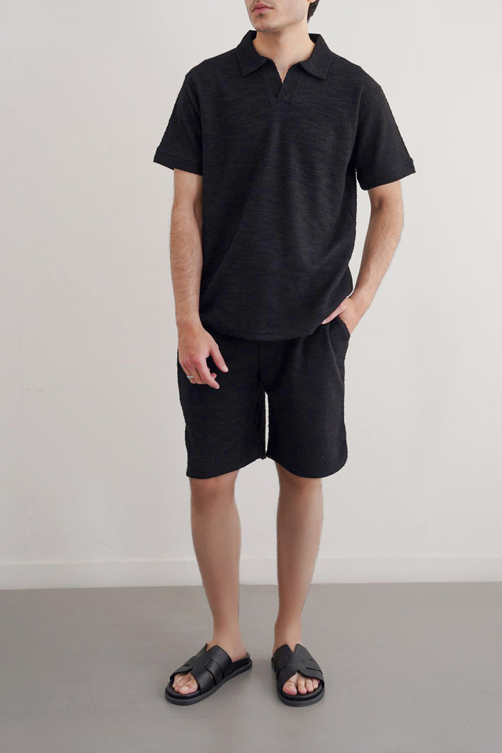 BLACK BOUCLE-KNIT POLO