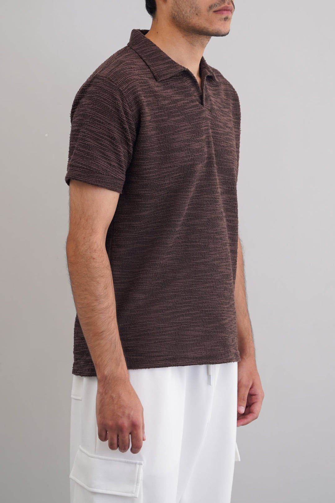 DARK BROWN BOUCLE-KNIT POLO