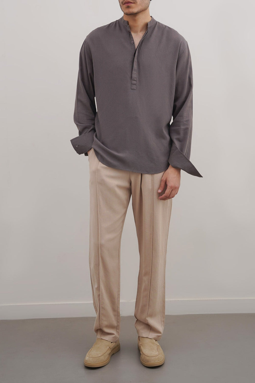 DARK GREY HALF PLACKET SHIRT