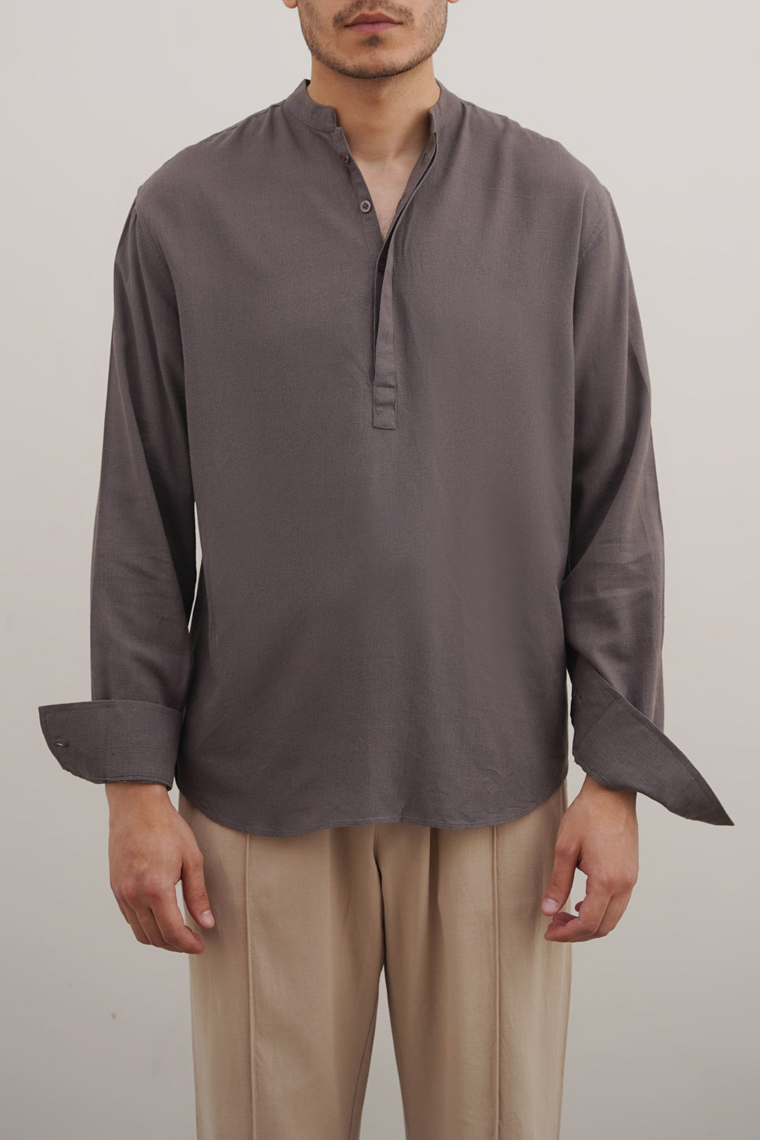 DARK GREY HALF PLACKET SHIRT