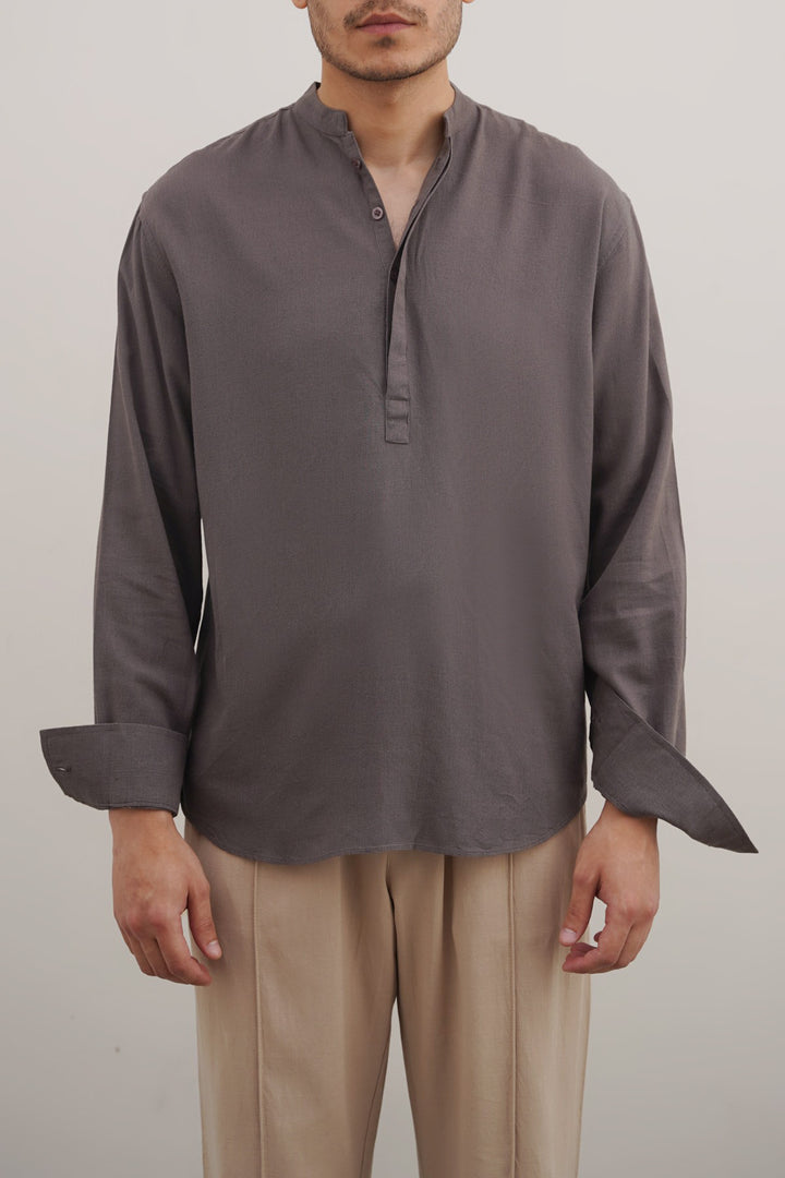 DARK GREY HALF PLACKET SHIRT