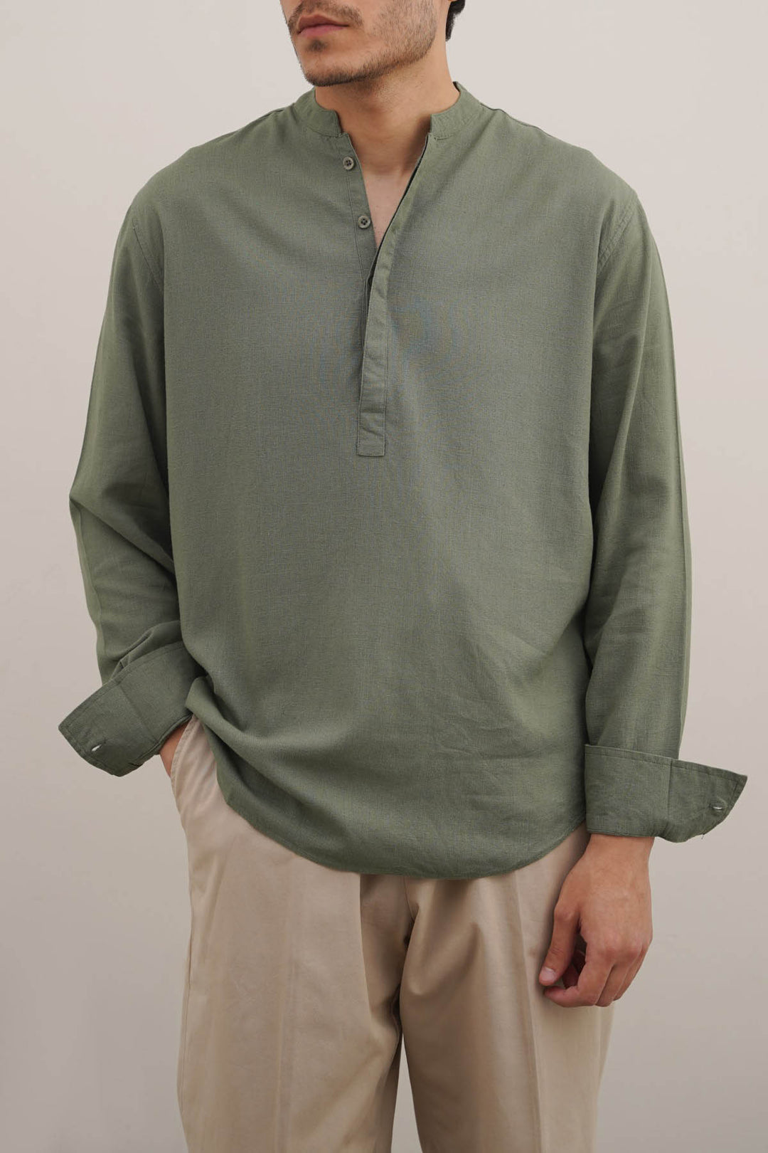 GREEN HALF PLACKET SHIRT