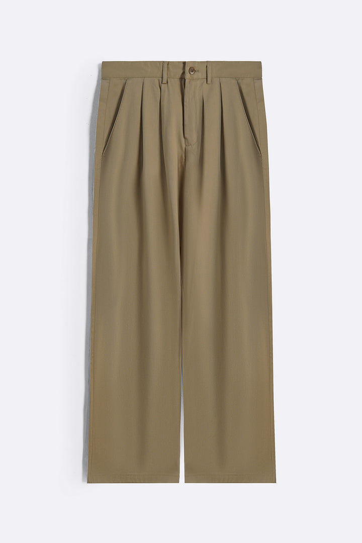 BEIGE DOUBLE PLEAT TWILL PANTS