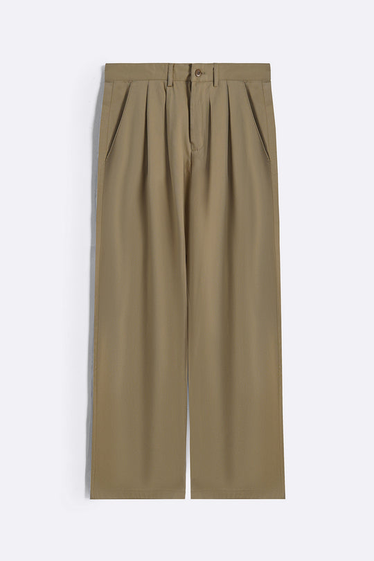 BEIGE DOUBLE PLEAT TWILL PANTS
