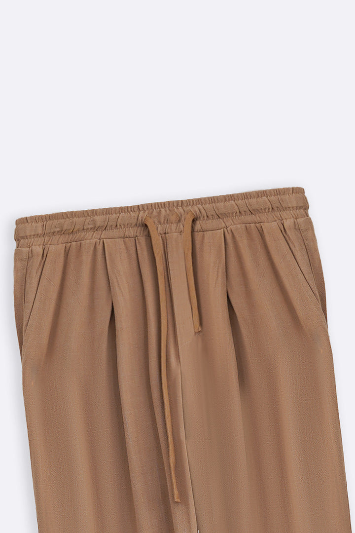 KHAKI FLOWY BLENDED LINEN TROUSERS