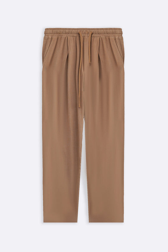 KHAKI FLOWY BLENDED LINEN TROUSERS