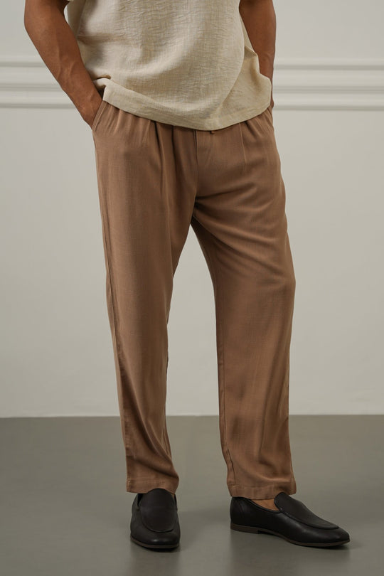 KHAKI FLOWY BLENDED LINEN TROUSERS