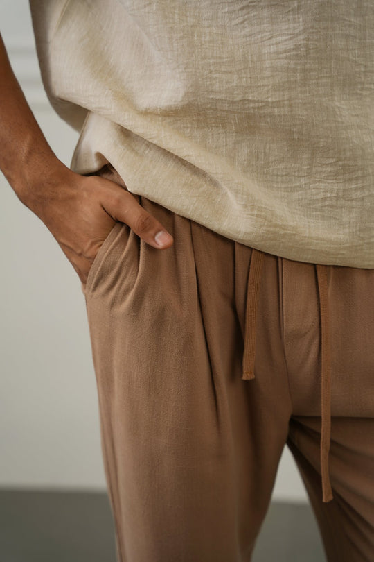 KHAKI FLOWY BLENDED LINEN TROUSERS