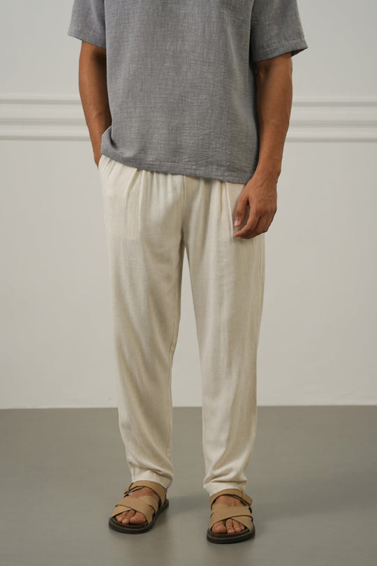 OFF WHITE FLOWY BLENDED LINEN TROUSERS