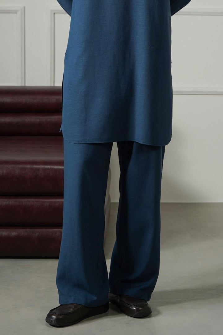 MELANGE NAVY LINEN BLEND RELAXED TROUSERS