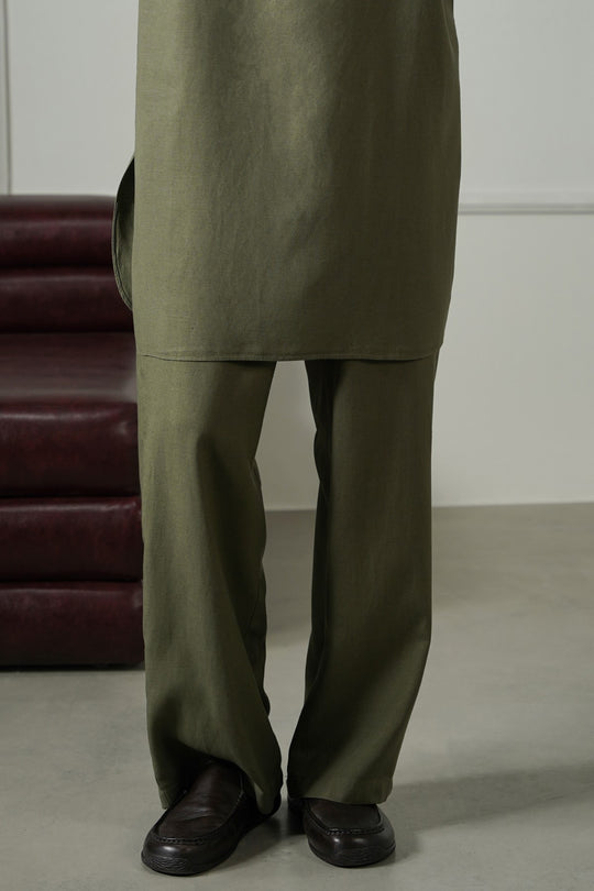 OLIVE LINEN BLEND RELAXED TROUSERS