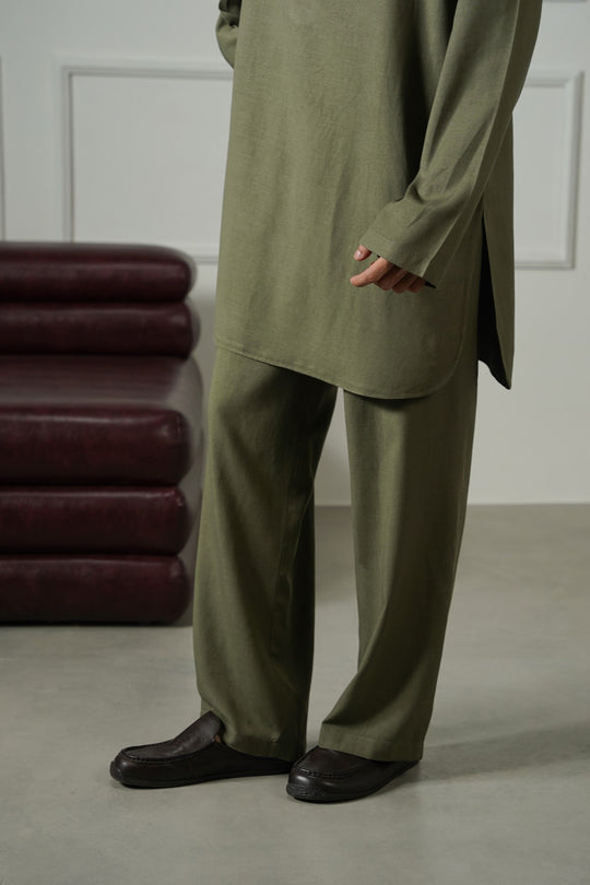 OLIVE LINEN BLEND RELAXED TROUSERS