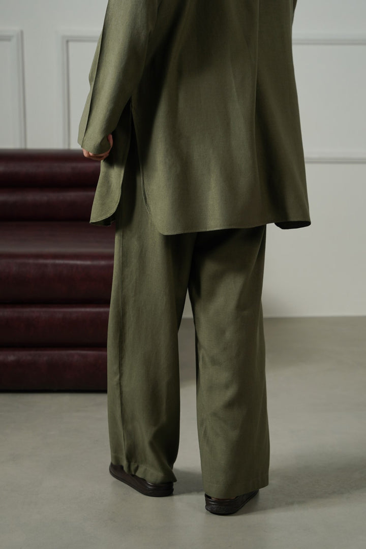 OLIVE LINEN BLEND RELAXED TROUSERS