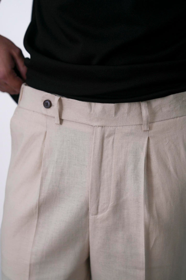 BEIGE TAILORED HERRINGBONE PANTS