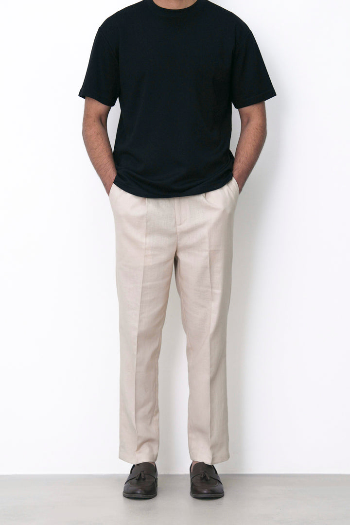 BEIGE TAILORED HERRINGBONE PANTS