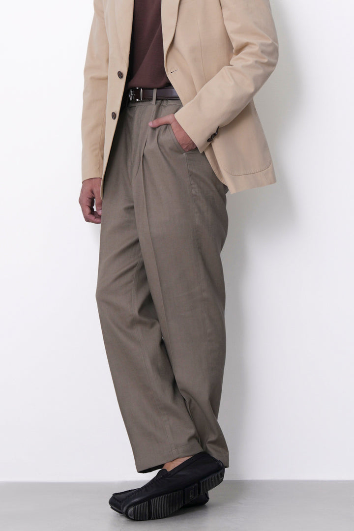 KHAKI TAILORED HERRINGBONE PANTS