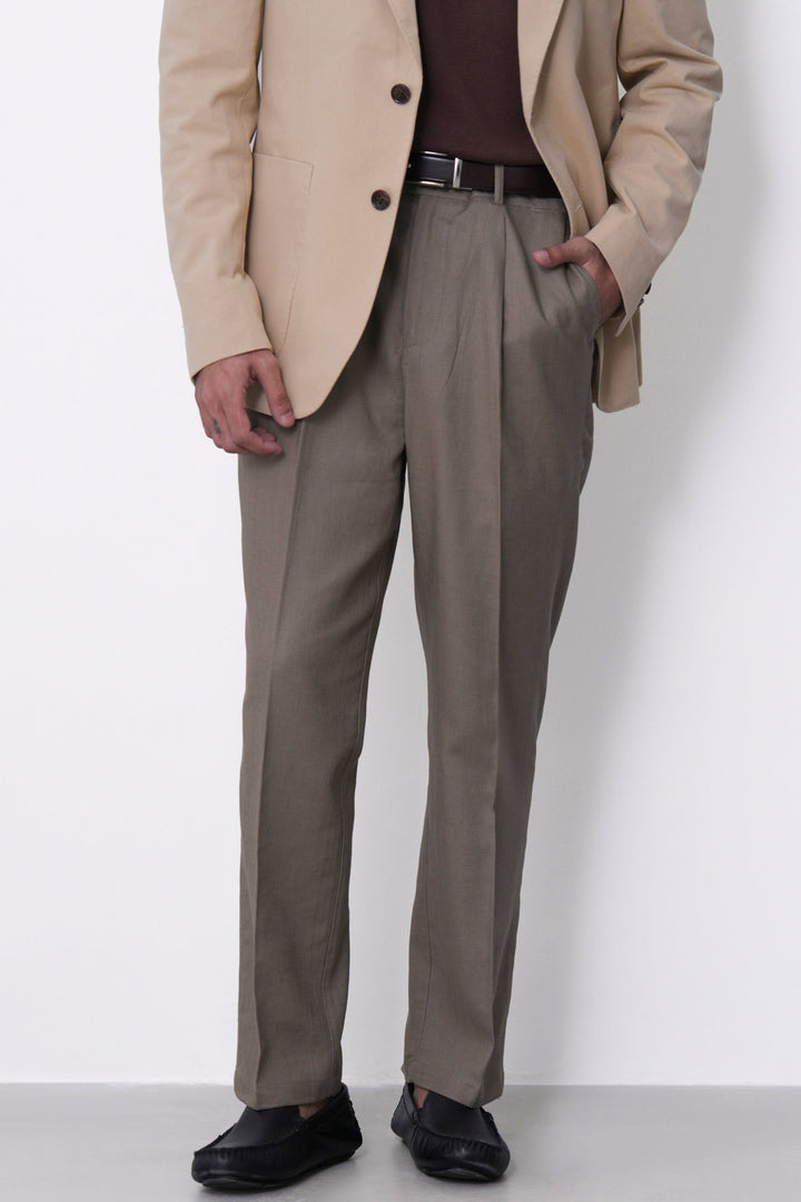 KHAKI TAILORED HERRINGBONE PANTS