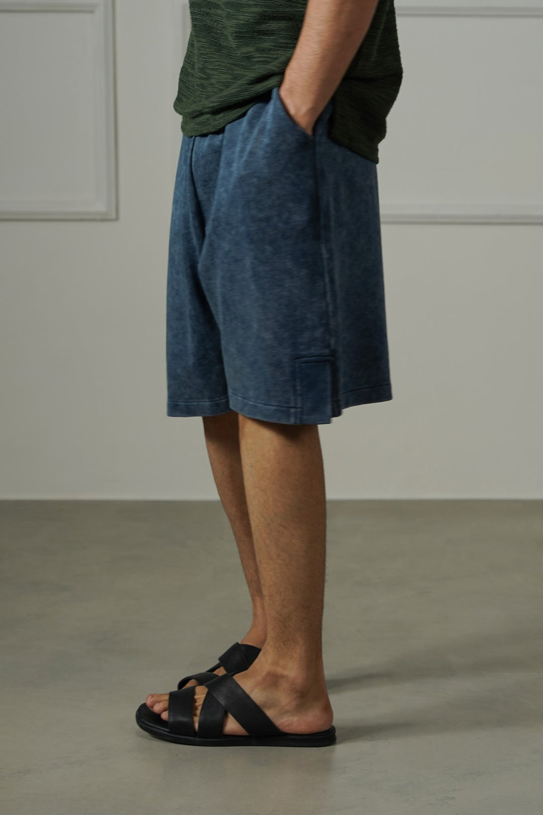 NAVY WASHED EFFECT KNITTED SHORTS