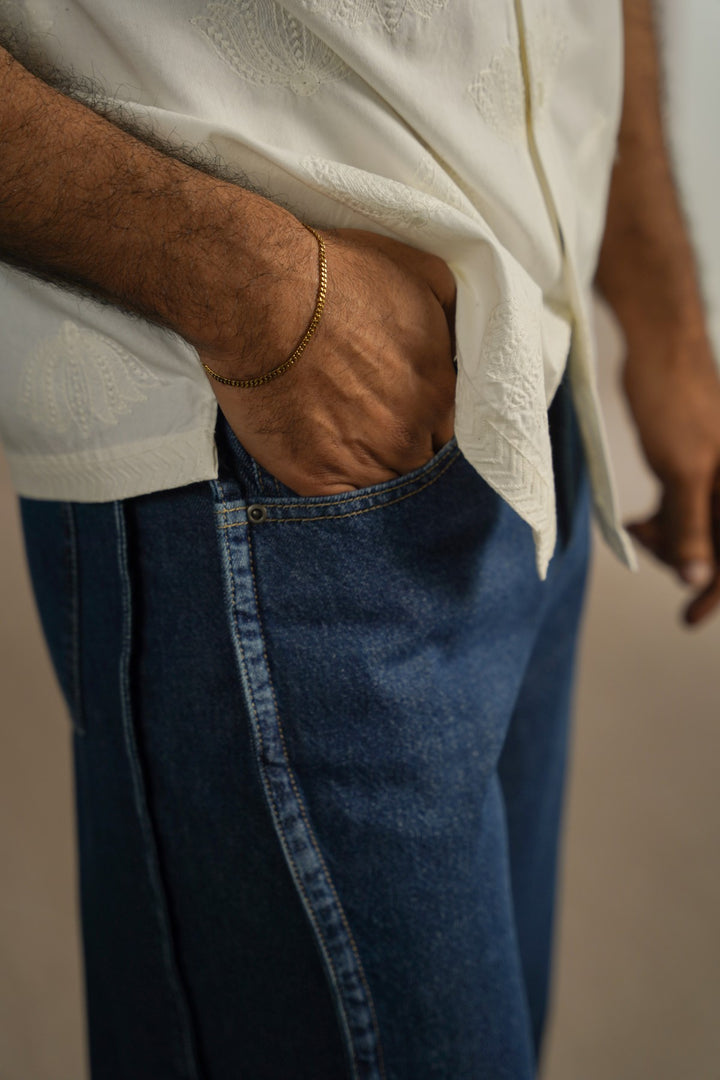 MID BLUE WIDE COTTON JEANS