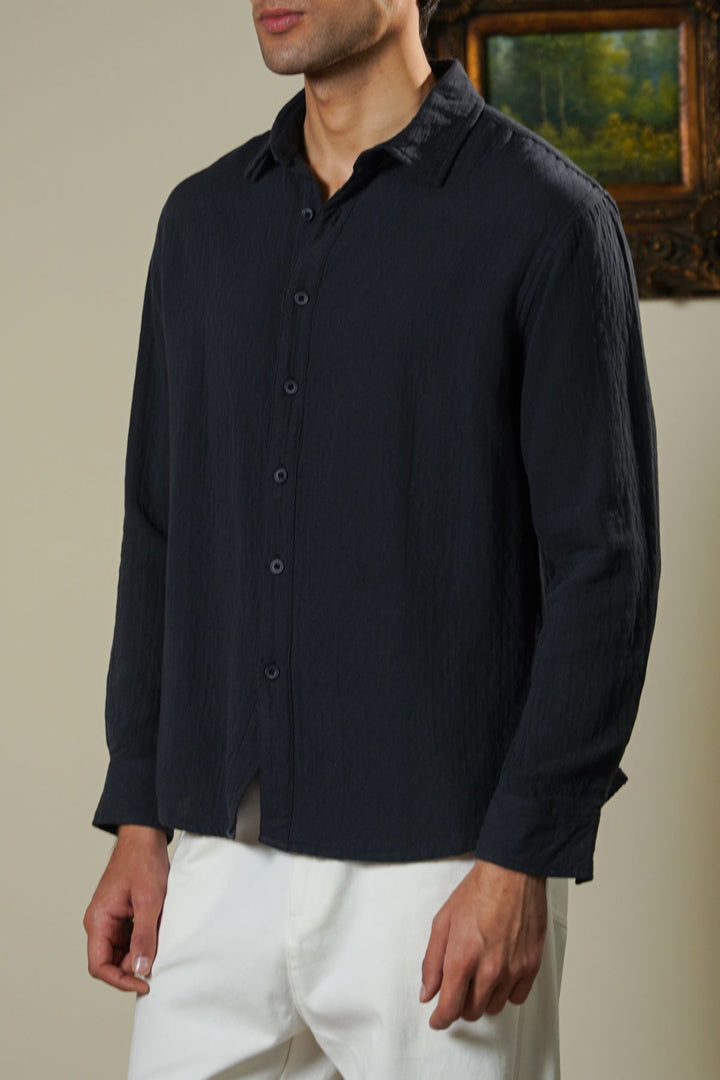 NAVY QUILT EFFECT JACQUARD SHIRT