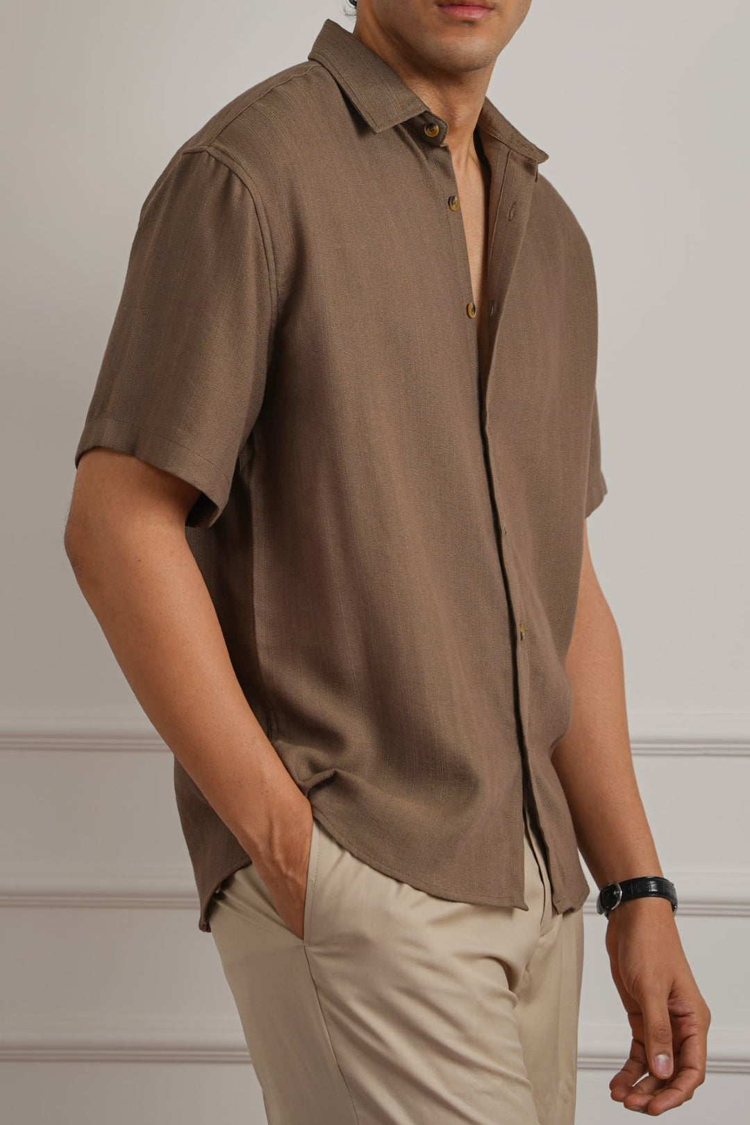 BROWN FLOWY HALF SLEEVES SHIRT