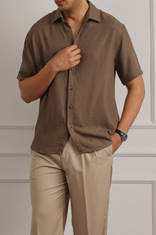 BROWN FLOWY HALF SLEEVES SHIRT