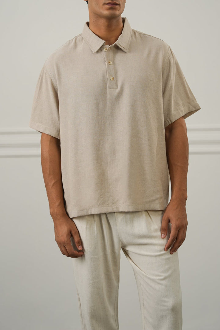 BEIGE WOVEN POLO SHIRT