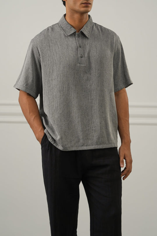 CHARCOAL WOVEN POLO SHIRT