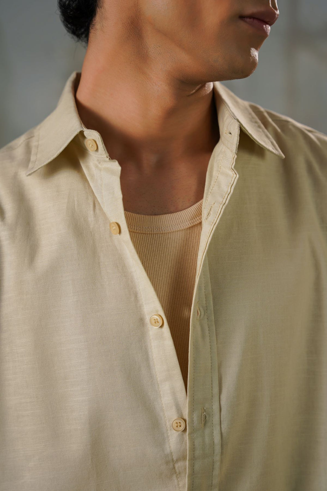 BEIGE LINEN BLEND BUTTON DOWN SHIRT