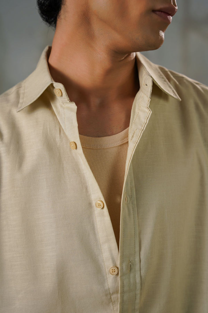 BEIGE LINEN BLEND BUTTON DOWN SHIRT