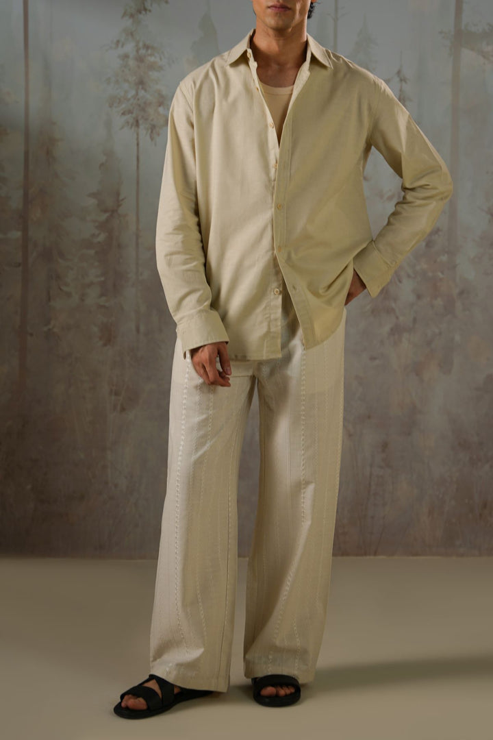 BEIGE LINEN BLEND BUTTON DOWN SHIRT