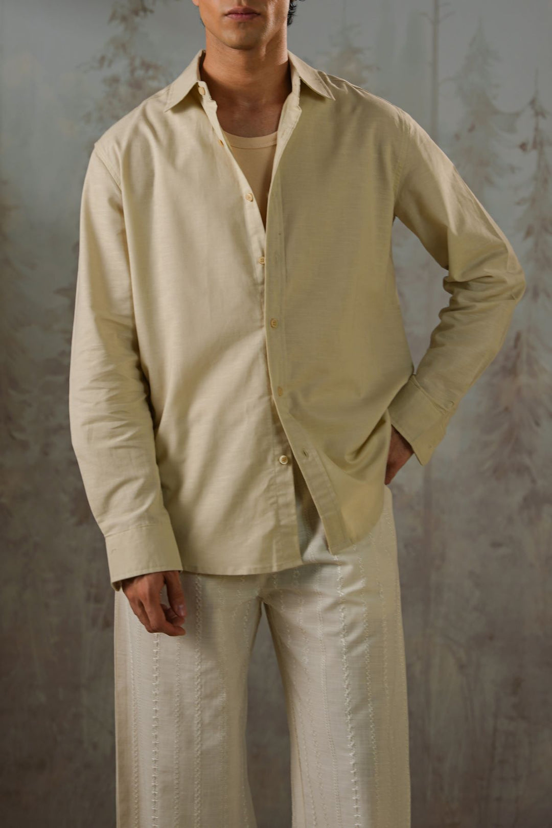 BEIGE LINEN BLEND BUTTON DOWN SHIRT