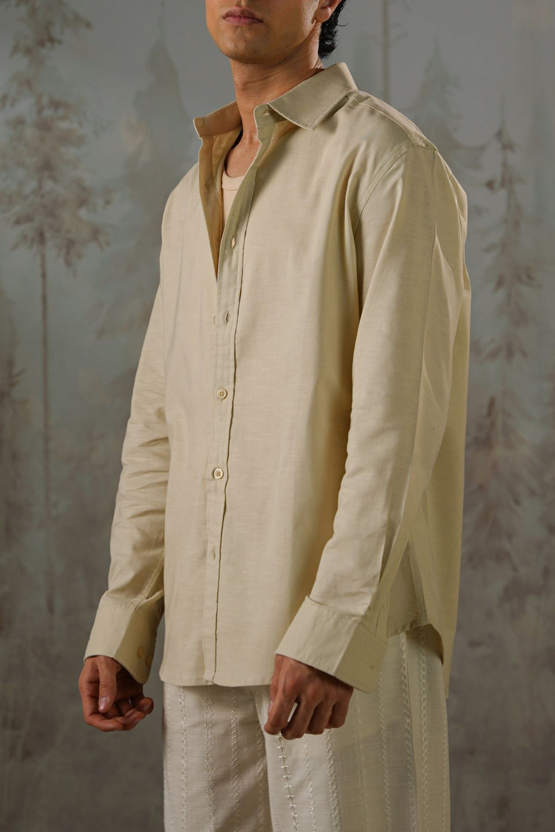 BEIGE LINEN BLEND BUTTON DOWN SHIRT