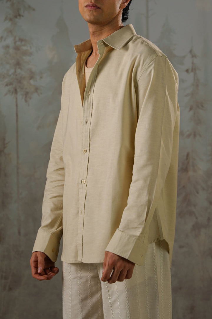 BEIGE LINEN BLEND BUTTON DOWN SHIRT