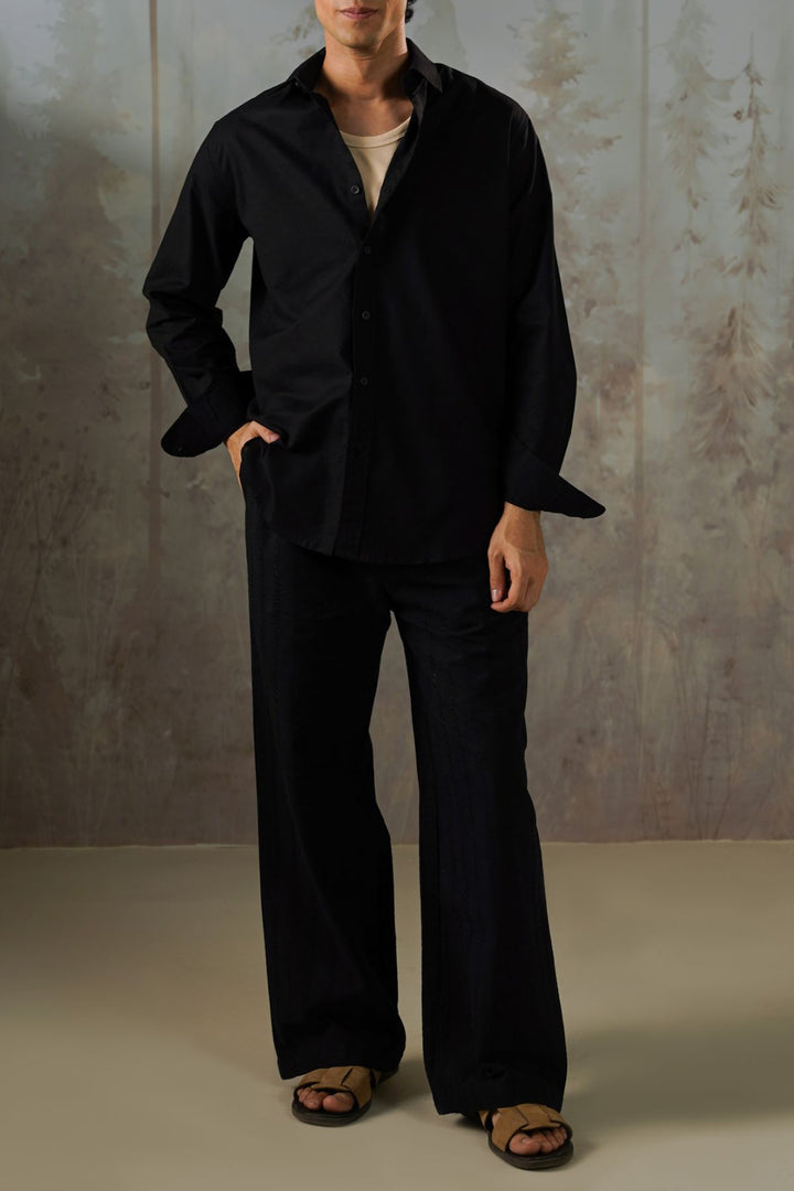 BLACK LINEN BLEND BUTTON DOWN SHIRT