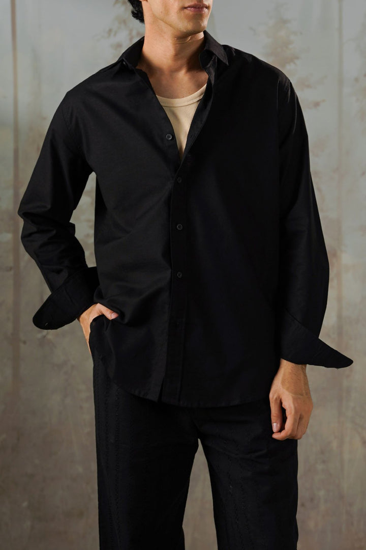 BLACK LINEN BLEND BUTTON DOWN SHIRT