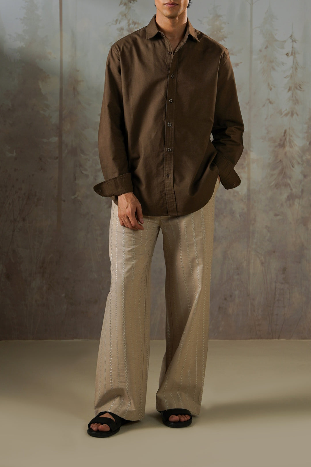 BROWN LINEN BLEND BUTTON DOWN SHIRT