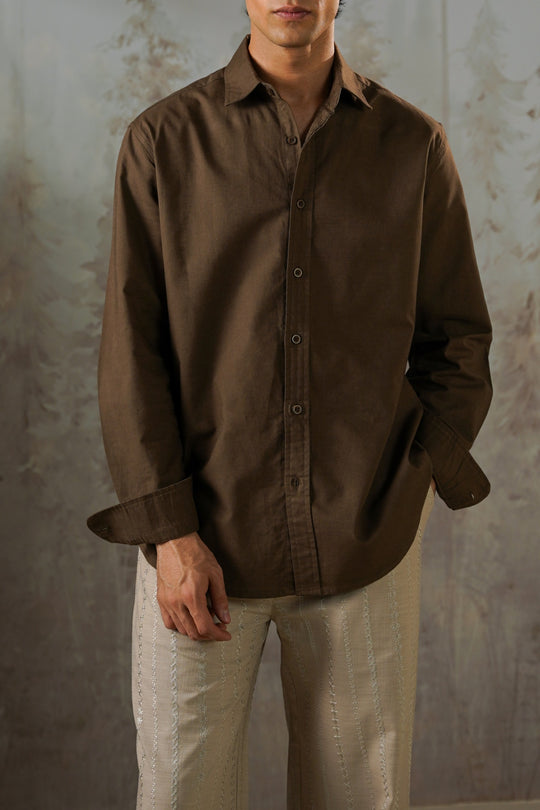 BROWN LINEN BLEND BUTTON DOWN SHIRT