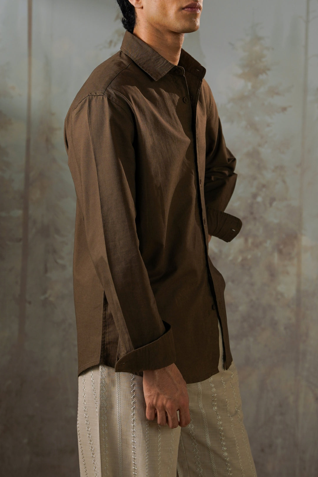 BROWN LINEN BLEND BUTTON DOWN SHIRT