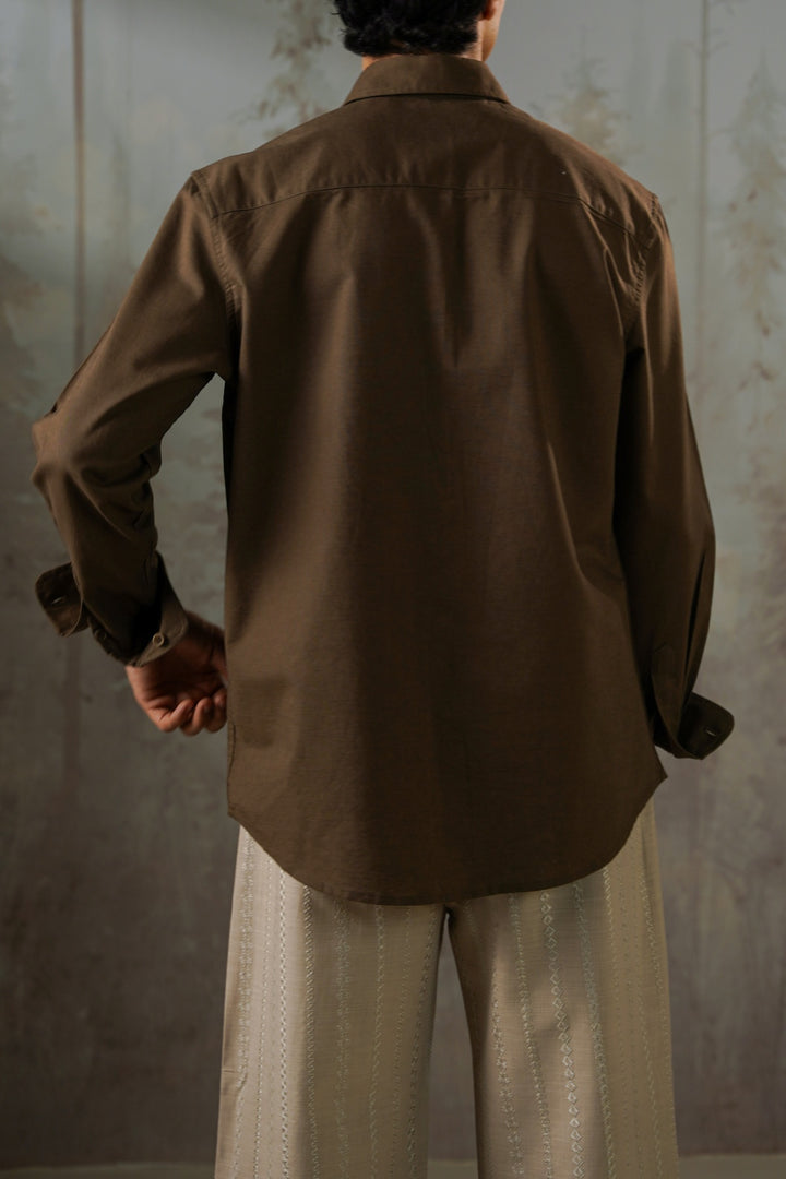 BROWN LINEN BLEND BUTTON DOWN SHIRT