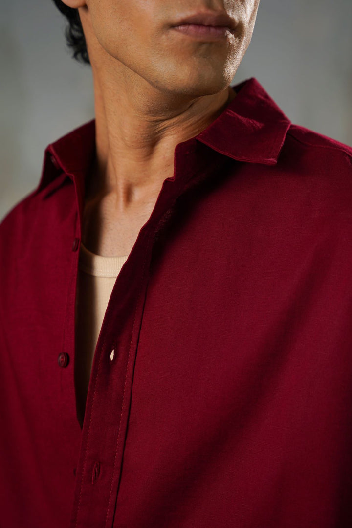 BURGUNDY LINEN BLEND BUTTON DOWN SHIRT